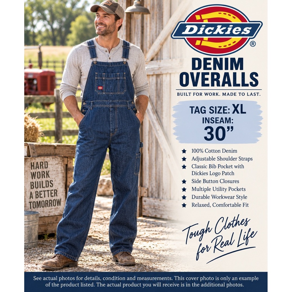 Dickies Men XL Denim Bib Overalls Blue Workwear Carpenter Utility FB206DIB #1947